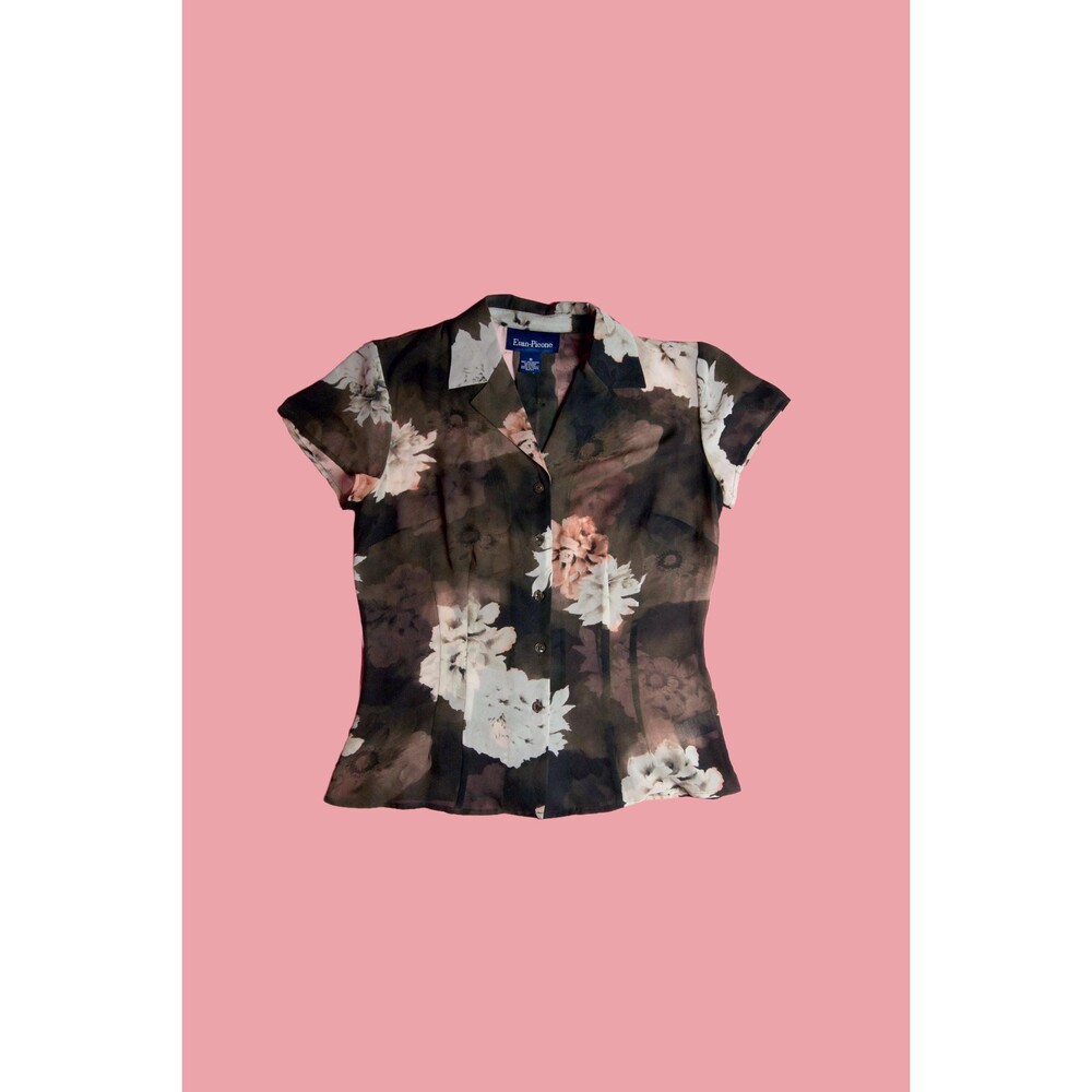 1990s-Y2K EVAN PICONE. Semi SHEER. Floral. Button Up Collared Blouse. S-M
